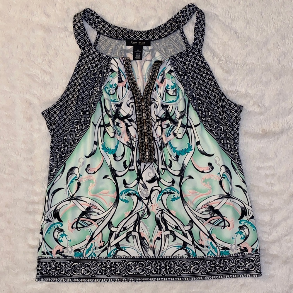 White House Black Market Mint and Black Patterned Beaded Sleeveless Blouse